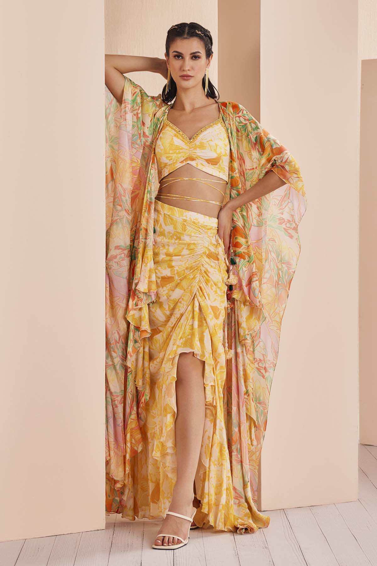 Buy Yellow Chiffon Abstract Print Lehenga Set by Mandira Wirk